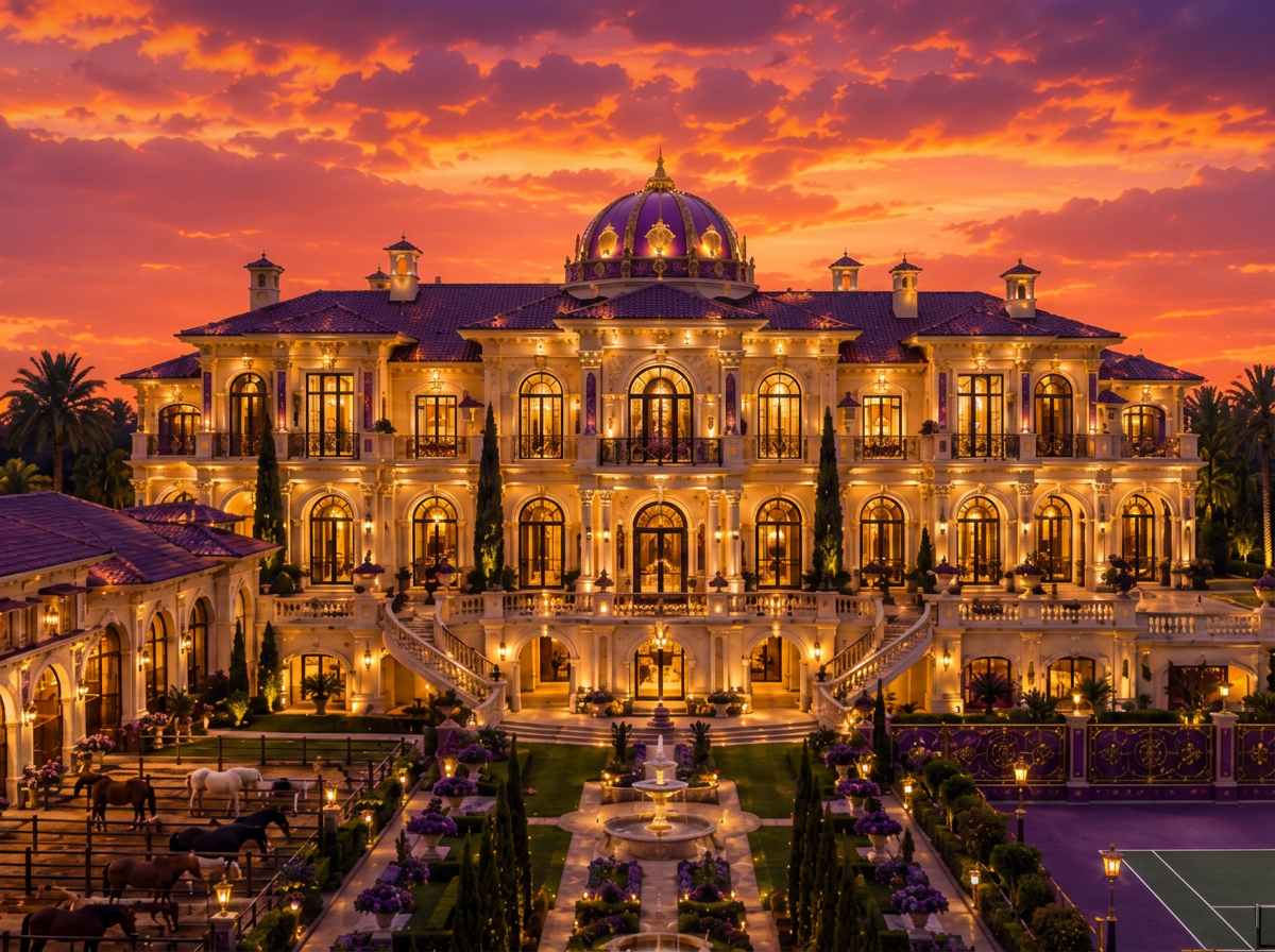 Mianells Estate mansion illuminated at dusk